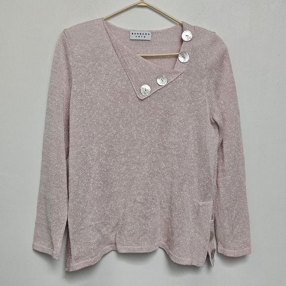 Vintage Sweaters - Vintage Barbara Katz Feather Pink Sz M Lenin Blend Knit Bliuse Shell Button